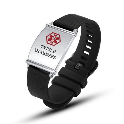 AOAMID Medical Alert Bracelets for Men Women Adjustable Free Engraving Sport Silicone Medical ID Bracelets 8.5 Inches (L-Black-type 2 diabete)