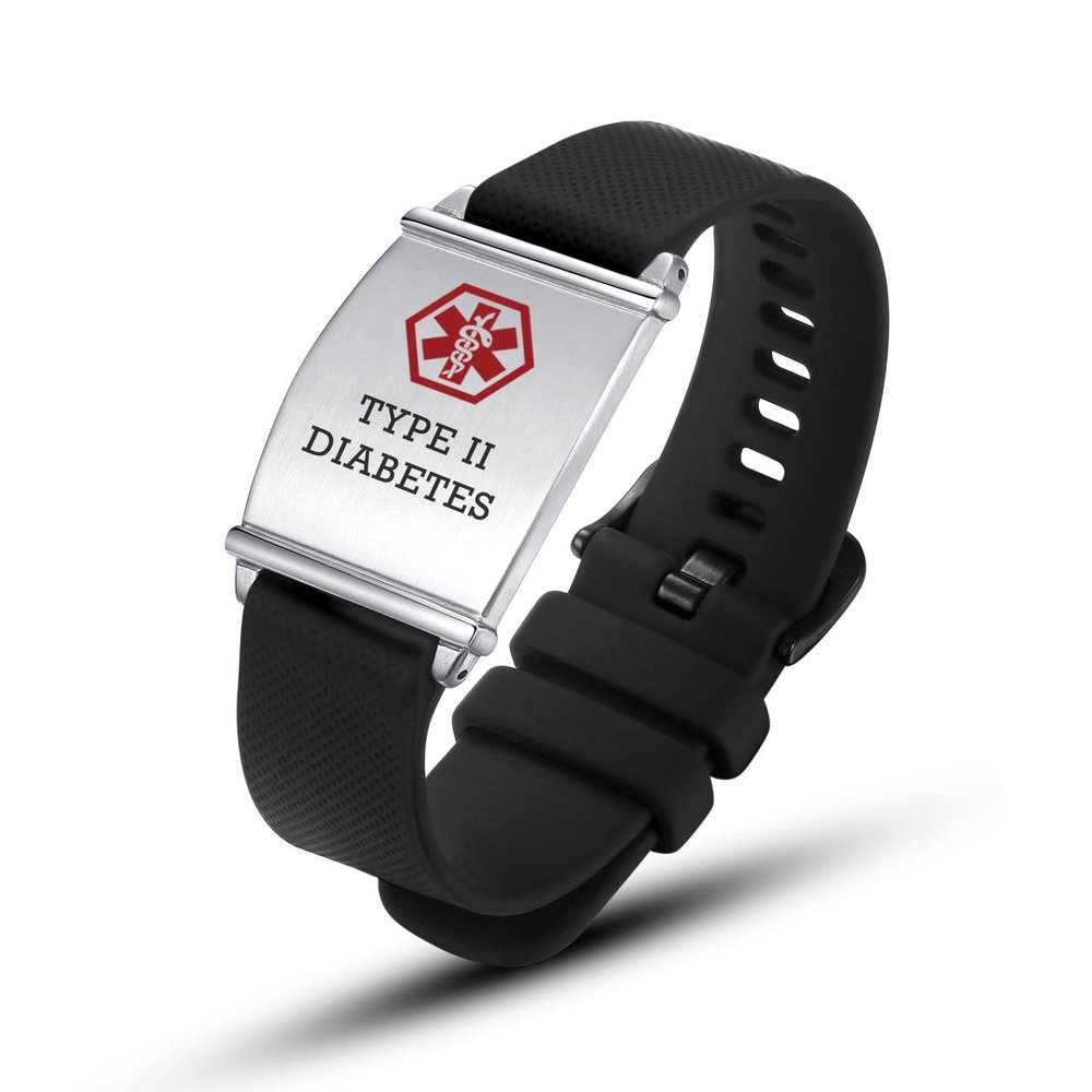 AOAMID Medical Alert Bracelets for Men Women Adjustable Free Engraving Sport Silicone Medical ID Bracelets 8.5 Inches (L-Black-type 2 diabete)