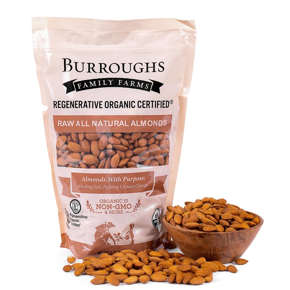 Burroughs Family Farms 3 lb USDA Organic Raw Almonds First Regenerative Organic Certified Farm Gluten-Free, Non-GMO, Vegan, Paleo & Keto-Friendly Almond Nuts High in Protein & Nutrients Versus Other Nuts, Great for Almond Milk