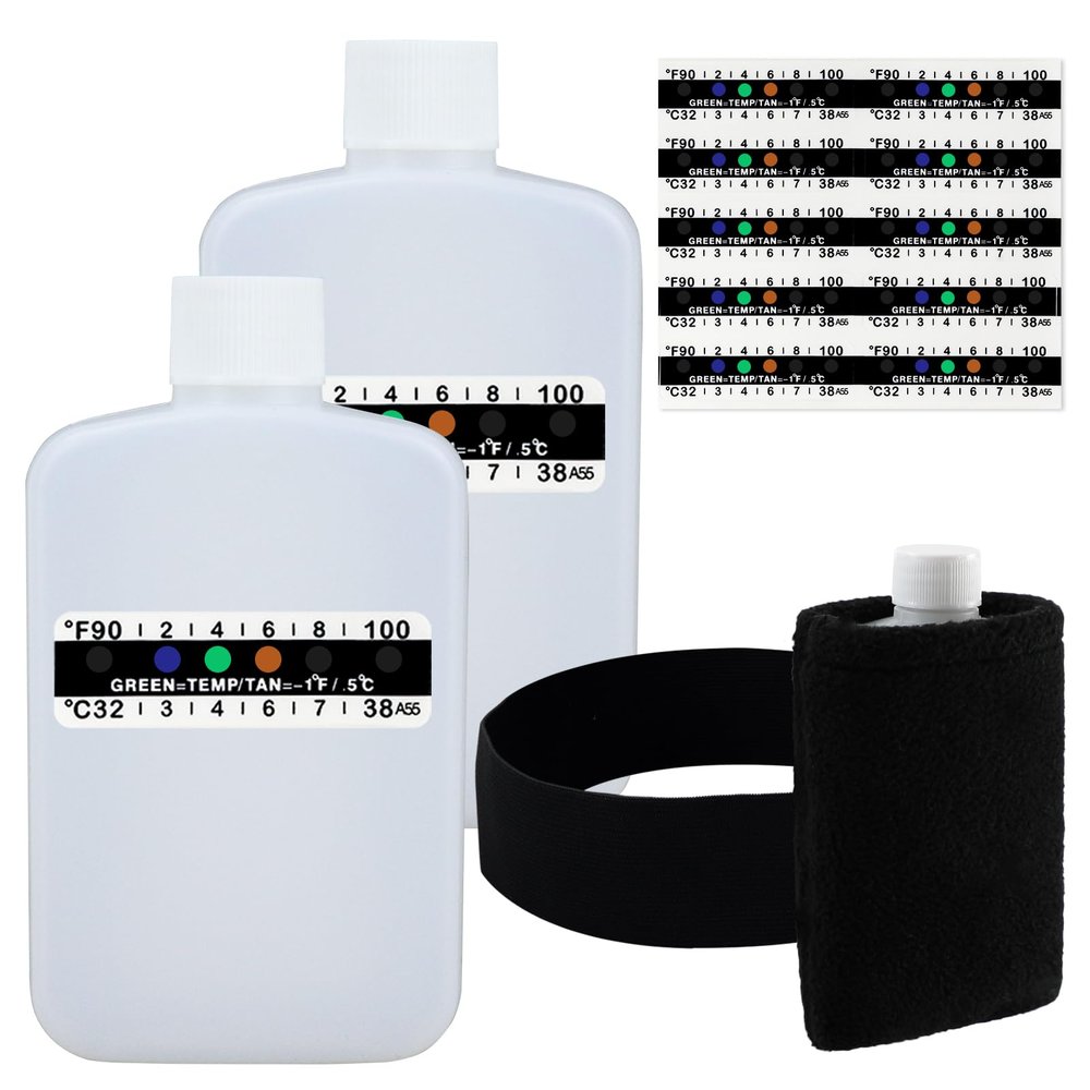 14 Pcs Urine Test Complete Kit Includes 2 Translucent Portable Travel Empty Bottles, 10 Adhesive Temperature Test Strips, Thick Velvet Bag and Hi-Stretch Hidden Leg