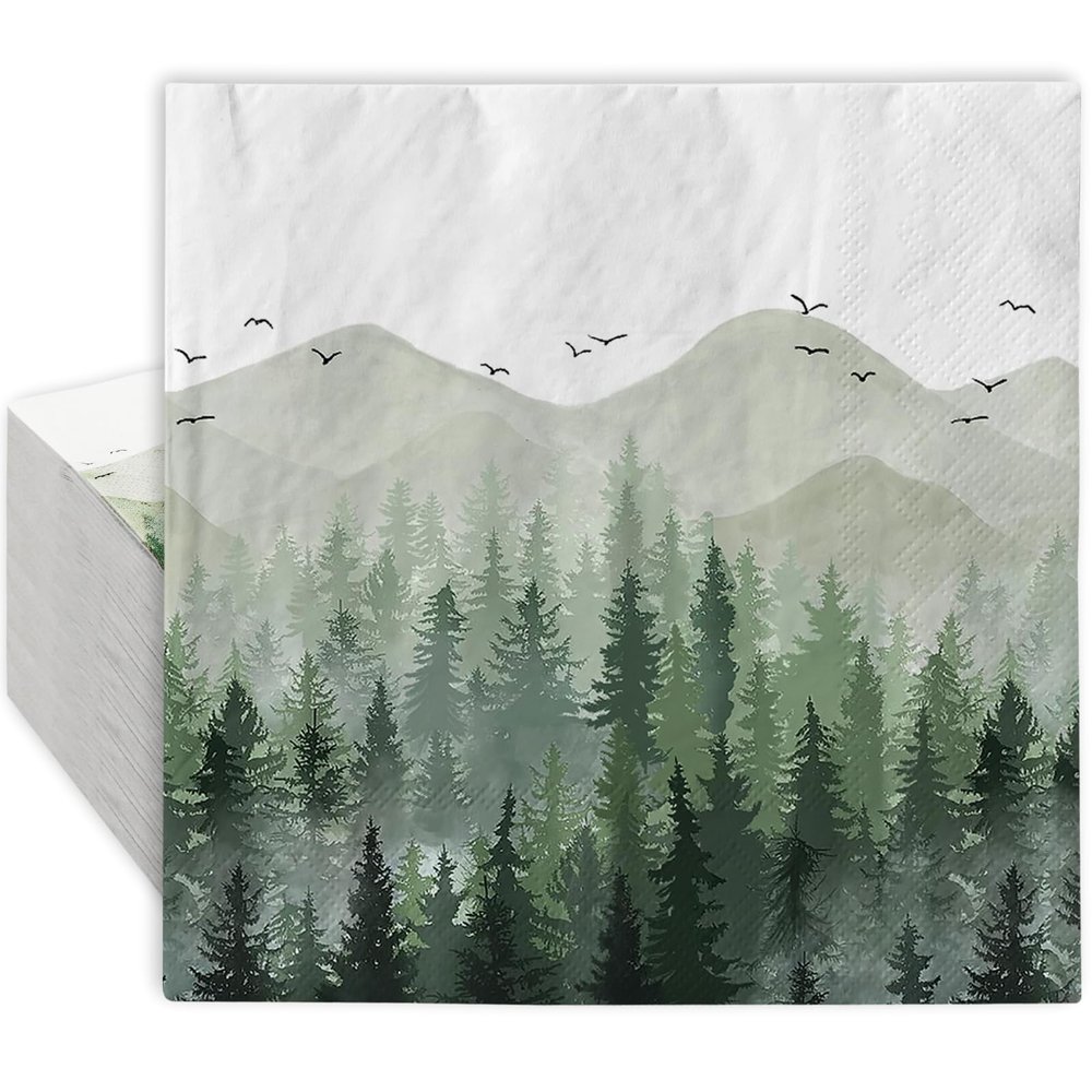 80 Pack Green Misty Forest Paper Napkins Woodland Theme Disposable Luncheon Dinner Napkins Decorative Party Napkins for Home Kitchen Bathroom Holiday Party Supplies, 6.5 x 6.5 Inch