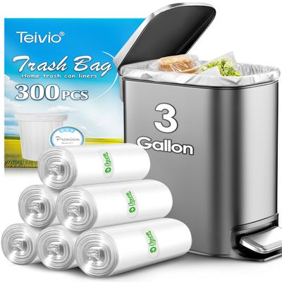 3 Gallon 300 Counts Small Trash Bags 3 Gallon 3.1 Gallon 3.2 Gallon fit 10 liter Garbage Bags by Teivio, Waste Basket Bags,Bathroom Trash Can Bin Liners, Plastic Bags for home office kitchen, Clear