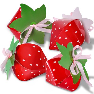 24Pcs Strawberry Party Favor Treat Boxes Sweet Fruit Themed Candy Cake Gift Box Snack Goodie Cardboard Boxes with Ribbon Double-Sided Tape for Berry First Birthday Baby Shower