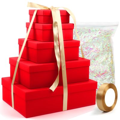 Coobbar Graduation Gift Boxes,5 Pack Square Nesting Boxes with Lid and Shredded Filling Paper, Multi-Size Gift Boxes Decorative Storage Boxes for Keepsakes, Party Supplies, Decorative Storage (Red)
