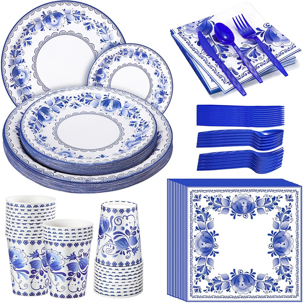 175 Pcs Blue White Floral Disposable Tableware Set Serves 25 Guests Chinoiserie Flower Paper Plates Napkins Cups Knifes Forks Spoons for Wedding Birthday Tea Bridal Baby Shower Party Supplies
