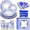 175 Pcs Blue White Floral Disposable Tableware Set Serves 25 Guests Chinoiserie Flower Paper Plates Napkins Cups Knifes Forks Spoons for Wedding Birthday Tea Bridal Baby Shower Party Supplies view 1