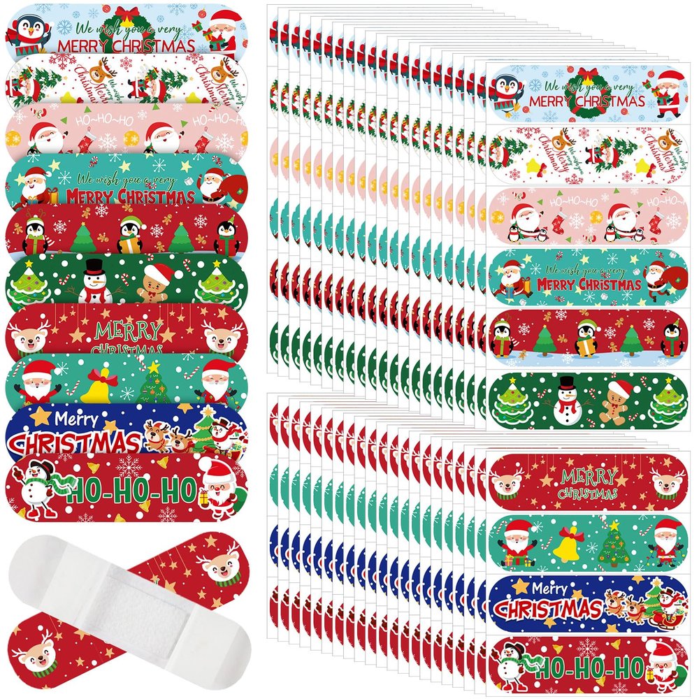 Patelai 300 Pieces Kids Bandages Bulk 10 Styles Children's Adhesive Flexible Colorful Cute Cartoon Bandages Waterproof Breathable Stickers Protection Care Cuts for Girls Boys(Santa Claus)