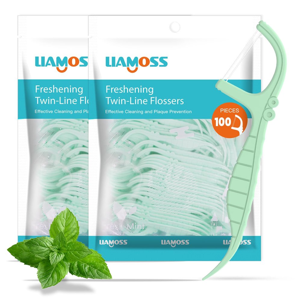 Mint Dental Flossers,200 Count Twin Line Floss Picks,LIAMOSS Professional Clean Travel Floss,Extra Strong Toothpicks Sticks,Dual Action Super Clean Teeth,Fight Tooth Decay(Mint,2Pack)