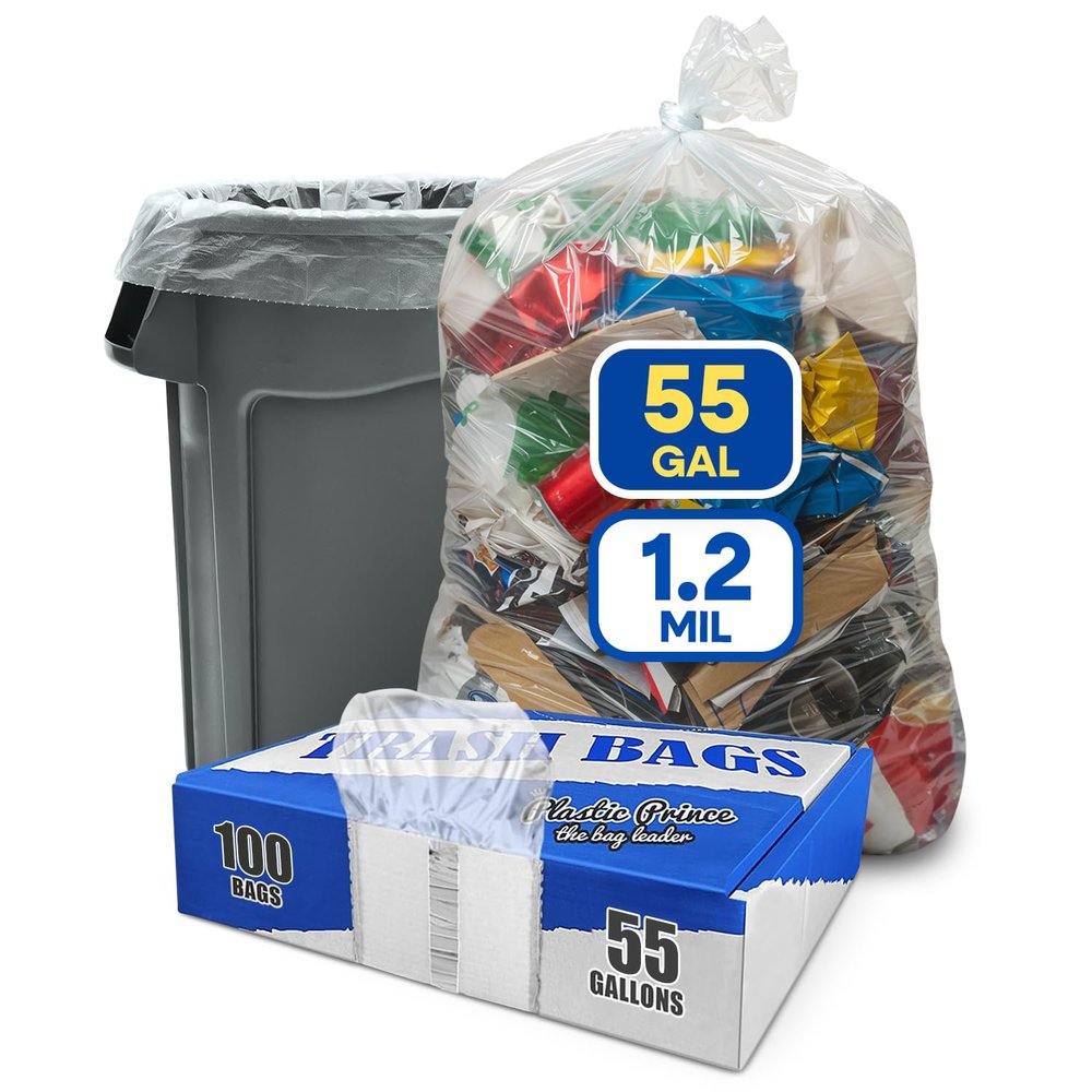 PLASTIC PRINCE 55 Gallon Trash Bags Large Clear Garbage Bags for Rubbermaid Brute 44-55 Gallon Trash Cans 38 x 58 Recycling Trash Can Liners 1.2 Mil, Pack of 100