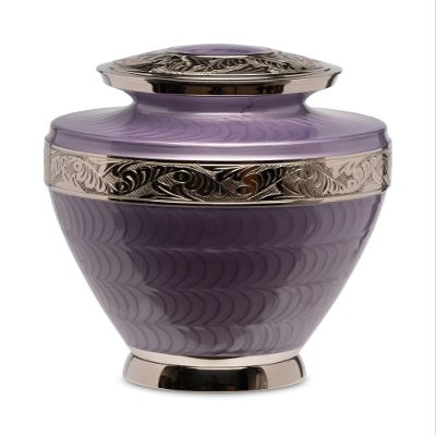 Adult Brass Urn for Human Ashes - Lavender Purple Etched Silver Band - Phoenix Memorials Legacy 1000 Cremation Urns - Polished Hand Painted - Memorial, Funeral, Burial, Cemetery, Decor