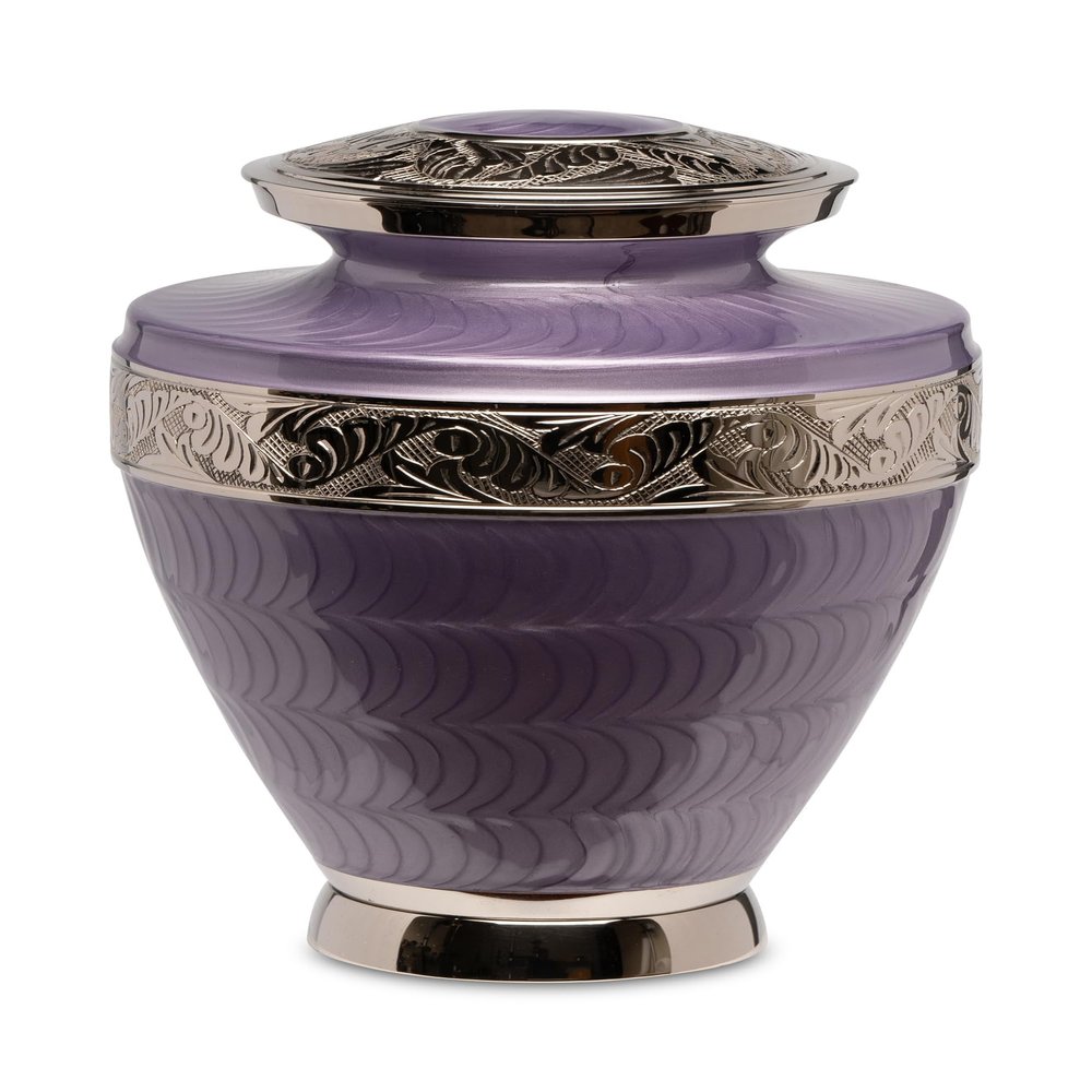 Adult Brass Urn for Human Ashes - Lavender Purple Etched Silver Band - Phoenix Memorials Legacy 1000 Cremation Urns - Polished Hand Painted - Memorial, Funeral, Burial, Cemetery, Decor