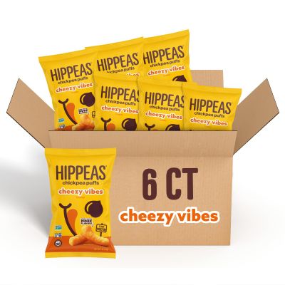 HIPPEAS Chickpea Puffs, Cheezy Vibes, Gluten Free Snacks, Dairy Free, Vegan, 4oz, Pack of 6, 3g Protein, 2g Fiber, Crunchy, Nutritious, Baked Plant Protein Snack, Non-GMO, Kosher