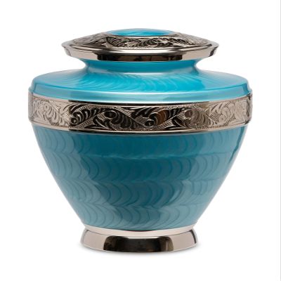 Adult Brass Urn for Human Ashes - Bahama Blue Etched Silver Band - Phoenix Memorials Legacy 1000 Cremation Urns - Polished Hand Painted - Memorial, Funeral, Burial, Cemetery, Decor