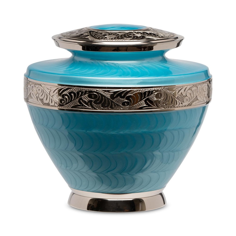 Adult Brass Urn for Human Ashes - Bahama Blue Etched Silver Band - Phoenix Memorials Legacy 1000 Cremation Urns - Polished Hand Painted - Memorial, Funeral, Burial, Cemetery, Decor