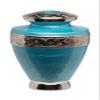 Adult Brass Urn for Human Ashes - Bahama Blue Etched Silver Band - Phoenix Memorials Legacy 1000 Cremation Urns - Polished Hand Painted - Memorial, Funeral, Burial, Cemetery, Decor view 1