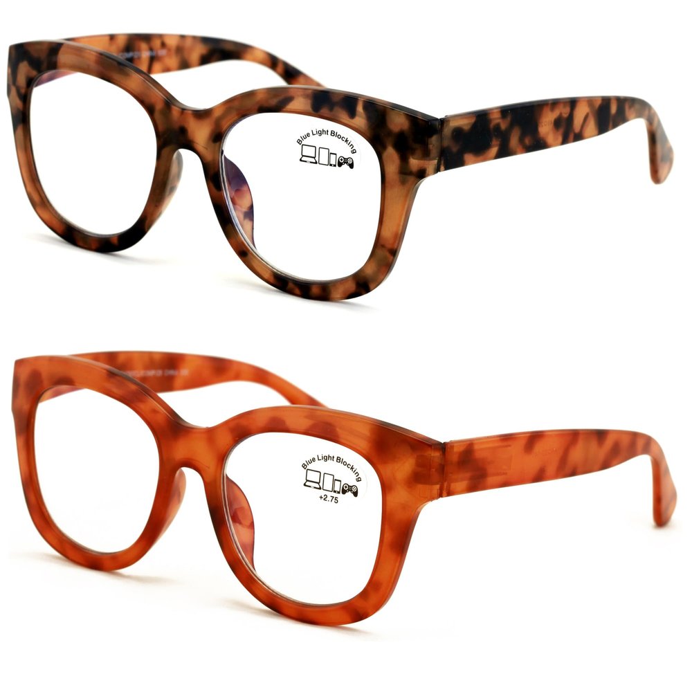 V.W.E. 2 Pairs Women Reading Glasses Blue Light Blocking, UV Ray Glare Computer Readers Bold Round (1 Tortoise 1 Orange, 2.75)