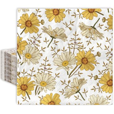 80 Pack Vintage Daisy Napkins Retro Flower Disposable Napkins Floral Paper Luncheon Napkins for Home Kitchen Bathroom, 6.5 x 6.5 Inch