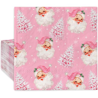 80 Pack Pink Christmas Napkins Santa Xmas Tree Disposable Napkins Merry Christmas Paper Luncheon Napkins for Xmas Winter Holiday Birthday Party Supplies, 6.5 x 6.5 Inch