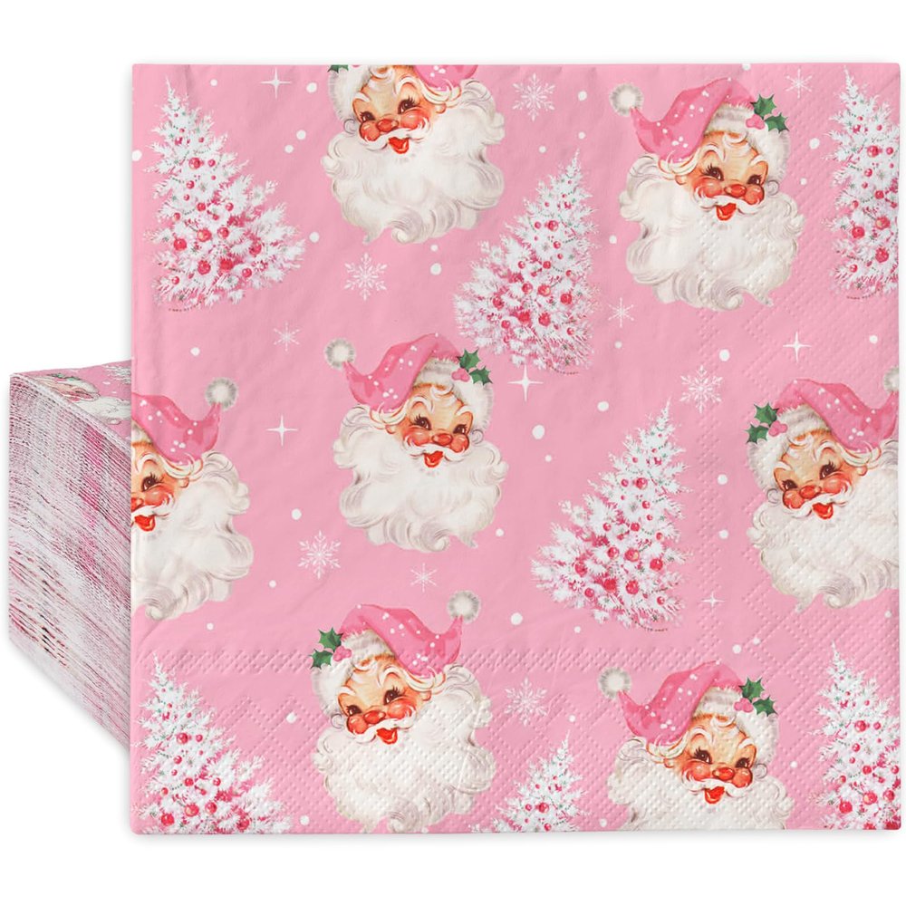 80 Pack Pink Christmas Napkins Santa Xmas Tree Disposable Napkins Merry Christmas Paper Luncheon Napkins for Xmas Winter Holiday Birthday Party Supplies, 6.5 x 6.5 Inch