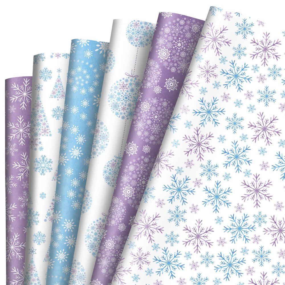 12 Sheet Christmas Winter Wrapping Paper Blue Purple Snowflake Gift Wrap Paper for DIY Crafts Gift Packing, 19.7 x 27.6 Inch, Folded Flat