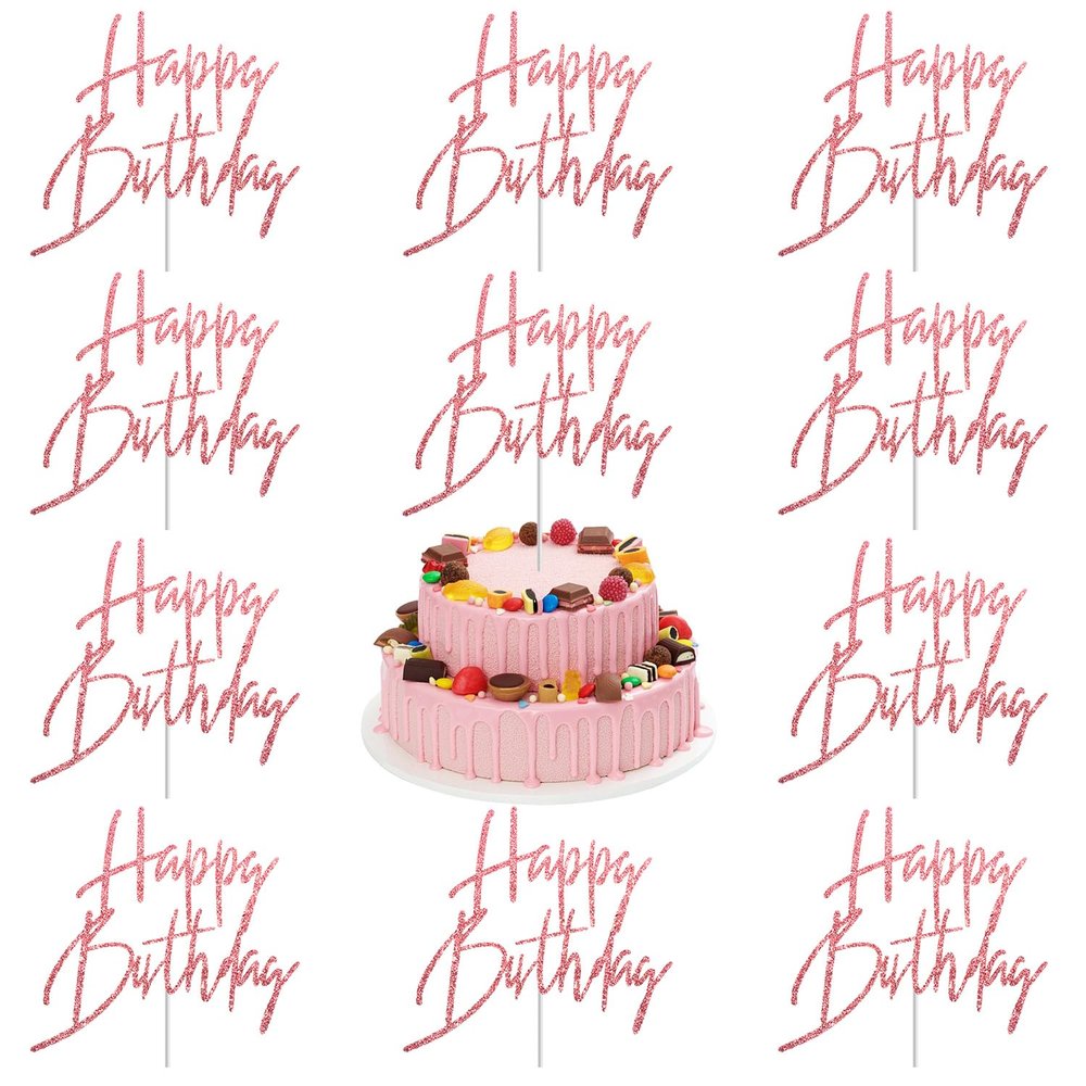 10Pcs Happy Birthday Cupcake Toppers Blue Glitter with Happy Birthday Letter Cake Topper Decoration for Birthday Blue Theme Party (Rose Gold)