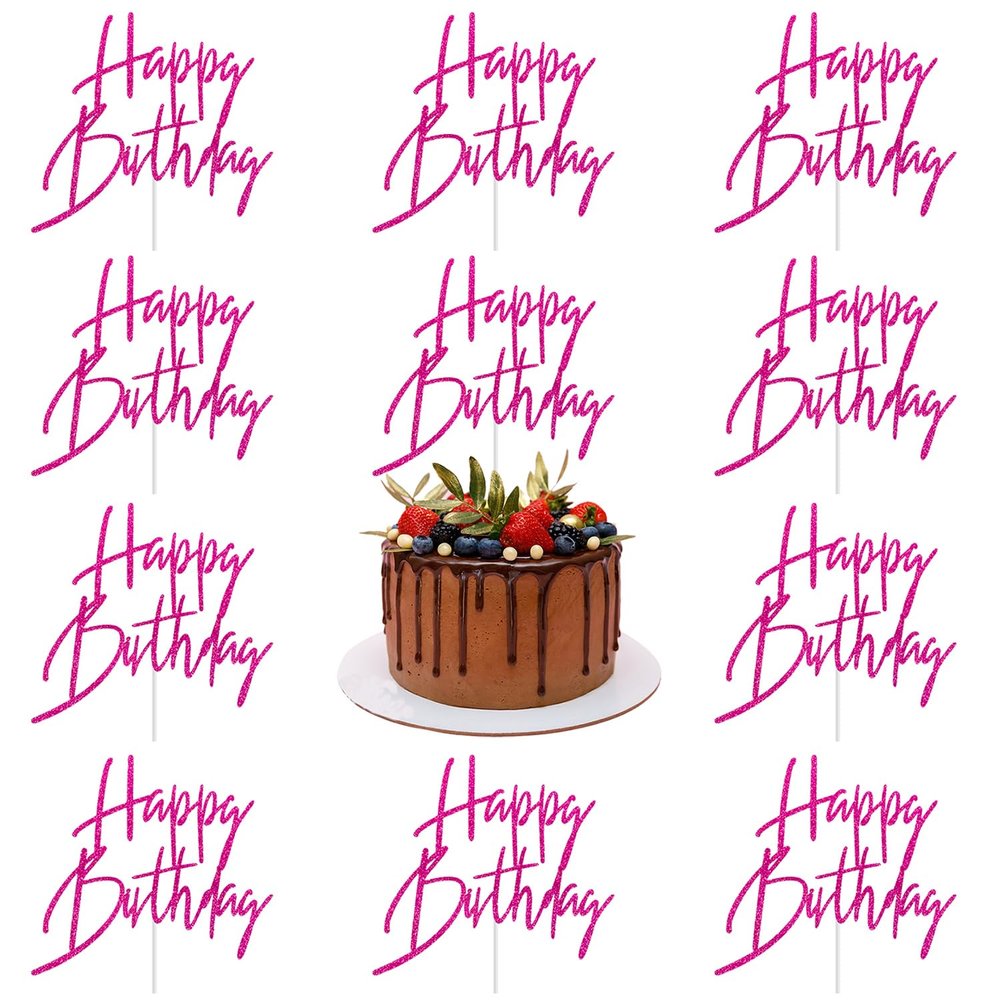 10Pcs Happy Birthday Cupcake Toppers rose red Glitter with Happy Birthday Letter Cake Topper Decoration for Birthday rose red Theme Party (Rose Red)