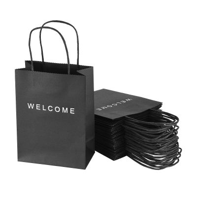 driew 50 Pcs Welcome Bags for Wedding Guests Bulk, 5.91"x3.15"x8.07" Small Size Paper Gift Bags for Hotel, Party, Birthday, Goodies and Retail (Black 2)