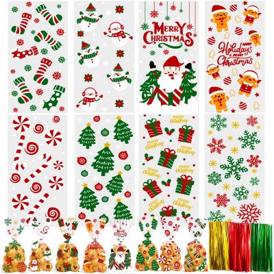 YUJUN 160 PCS Christmas Cellophane Treat Bags,Santa Claus Goodie Candy Xmas Clear Cello Bags Twist Ties for Winter Christmas Theme Party Favor Supplies(8 Styles)