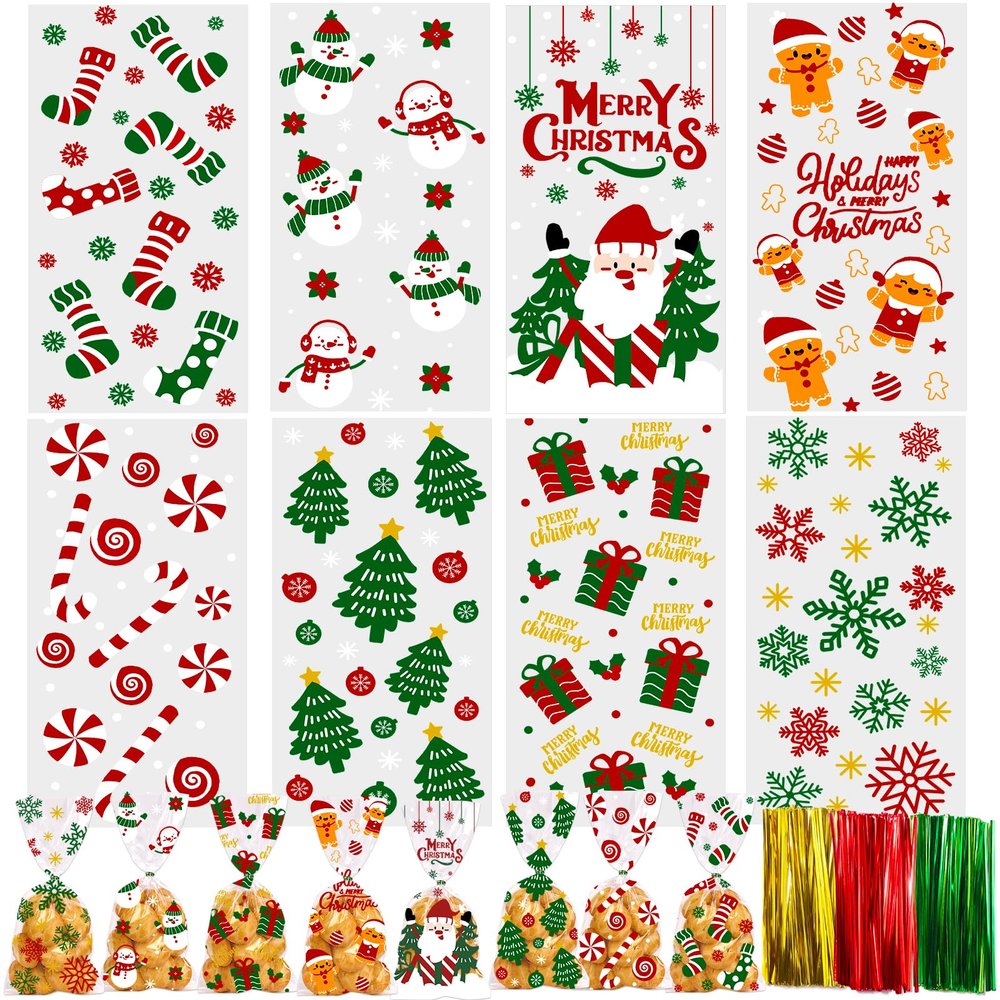 YUJUN 160 PCS Christmas Cellophane Treat Bags,Santa Claus Goodie Candy Xmas Clear Cello Bags Twist Ties for Winter Christmas Theme Party Favor Supplies(8 Styles)