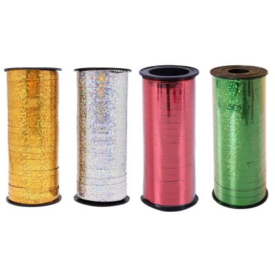 4 Rolls Total 400 Yards Curling Ribbon Crimped Curling Ribbon Balloon Band Tie Balloon Wrapping Ribbon Balloon String Roll for Wedding Festival Christmas Party, Gold, Silver, Red, Green