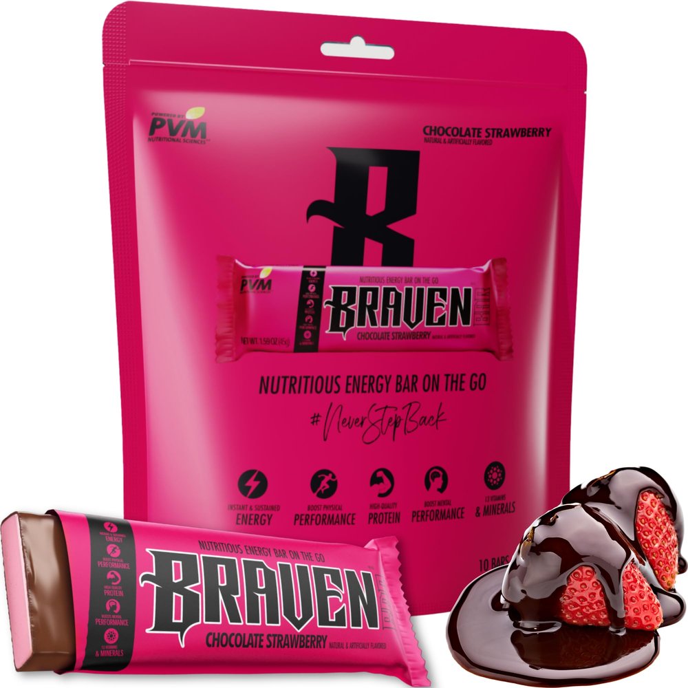 Braven Bar Chocolate Strawberry Energy Bars (1.59 oz, Pack of 10) Energy Chews with 5g Protein On-the-Go Energy Snacks for Running, Hiking, and Sports - Gluten Free Snacks