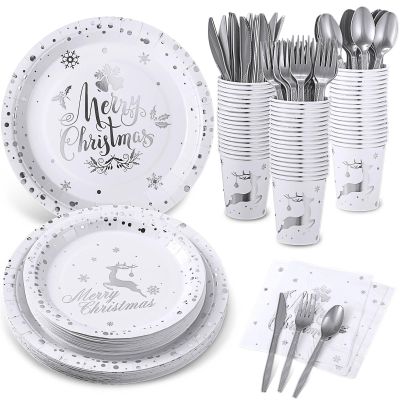 175 Pcs Merry Christmas Party Dinnerware Foil Dots Christmas Paper Plates Set Elk Disposable Xmas Plates Napkins Cups for New Year Wedding Birthday Baby Shower Party Supplies Decoration (White Silver)