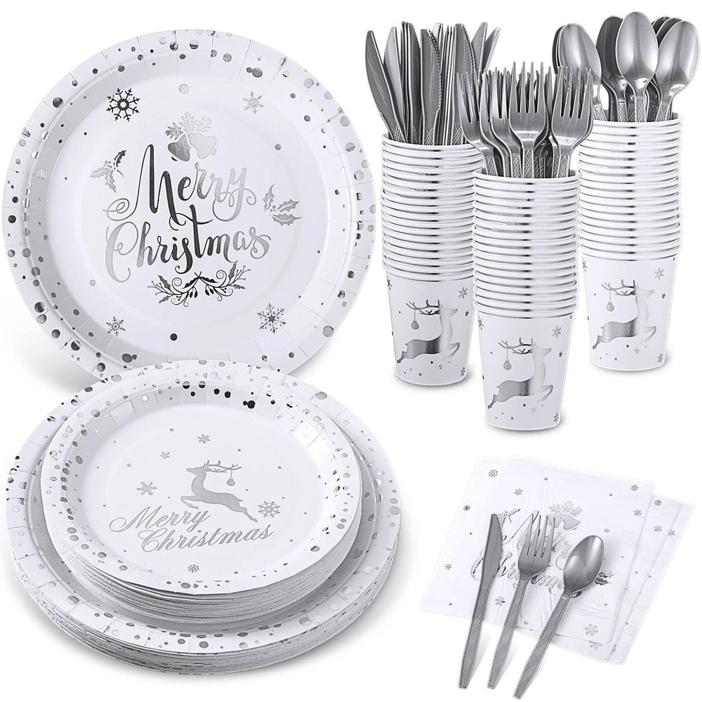 175 Pcs Merry Christmas Party Dinnerware Foil Dots Christmas Paper Plates Set Elk Disposable Xmas Plates Napkins Cups for New Year Wedding Birthday Baby Shower Party Supplies Decoration (White Silver)