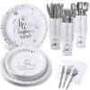 175 Pcs Merry Christmas Party Dinnerware Foil Dots Christmas Paper Plates Set Elk Disposable Xmas Plates Napkins Cups for New Year Wedding Birthday Baby Shower Party Supplies Decoration (White Silver) view 1
