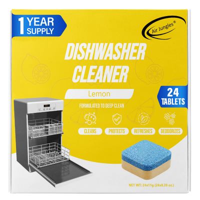 Air Jungles Dishwasher Cleaner Tablets 24 Count, Lemon Scent, Deep Cleaning Descaler, Formulated To Clean Dishwasher Machine, Remove Odor, Hard Water, Calcium, Bad Smell, 12 Month Supply