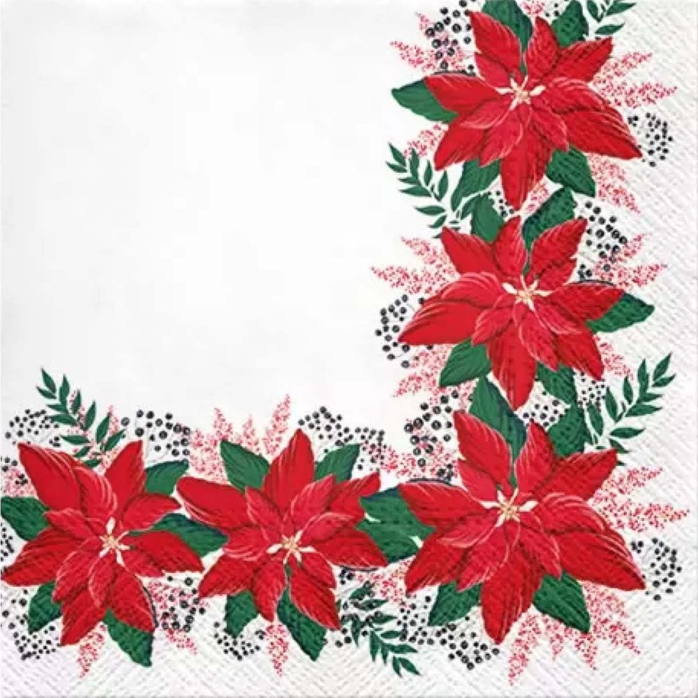 AM Decor 20-Count Luncheon Christmas Paper Napkins Holiday Dinner Party Decorative Decoupage - 13" x 13" (Unfolded) Lovely Poinsettia