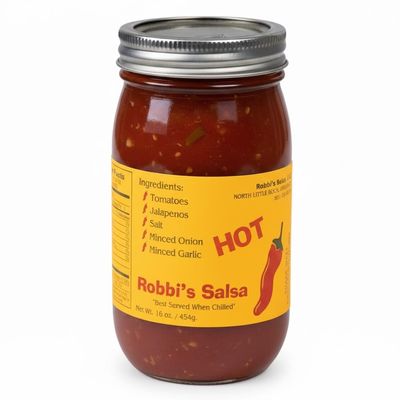 Robbi's Salsa Hot- Authentic Arkansas Flavor in Every Bite! Homemade Taste with Secret Blend of Tomatoes, Jalapeno Peppers, Salt, Onion & Garlic, "Best Served When Chilled", Gluten Free - 16 oz Jar