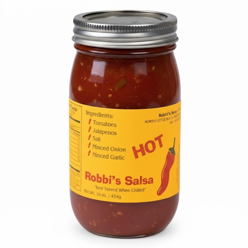 Robbi's Salsa Hot- Authentic Arkansas Flavor in Every Bite! Homemade Taste with Secret Blend of Tomatoes, Jalapeno Peppers, Salt, Onion & Garlic, "Best Served When Chilled", Gluten Free - 16 oz Jar