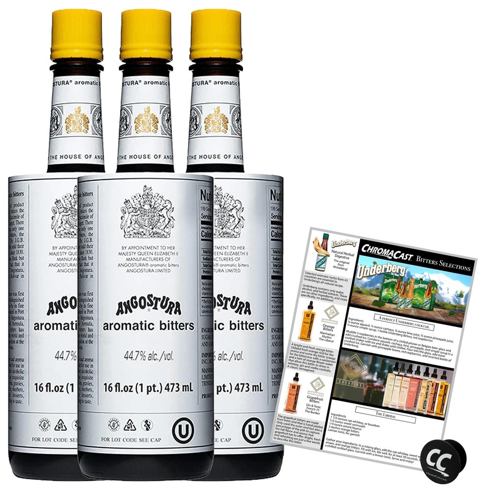 Angostura Aromatic Bitters 16oz Bottle with Phone Grip and Bitters Selections Recipe, 3-PACK