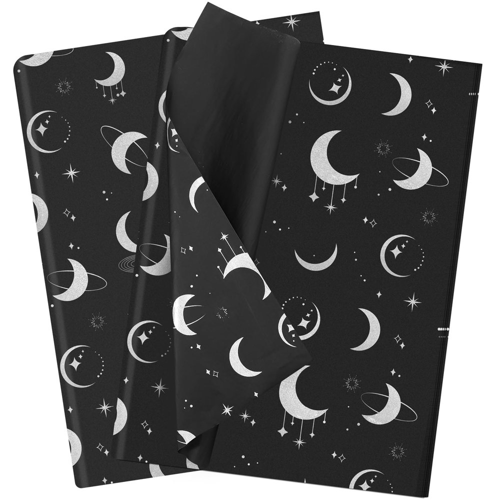 HolyMaji 50 Sheets Moonlight Tissue Paper for Packaging Small Business 20  28" Moon Wrapping Paper Printed Paper Bulk - Silver Star Tissue Paper for Gift Bags Here Comes Baby Girl Shower