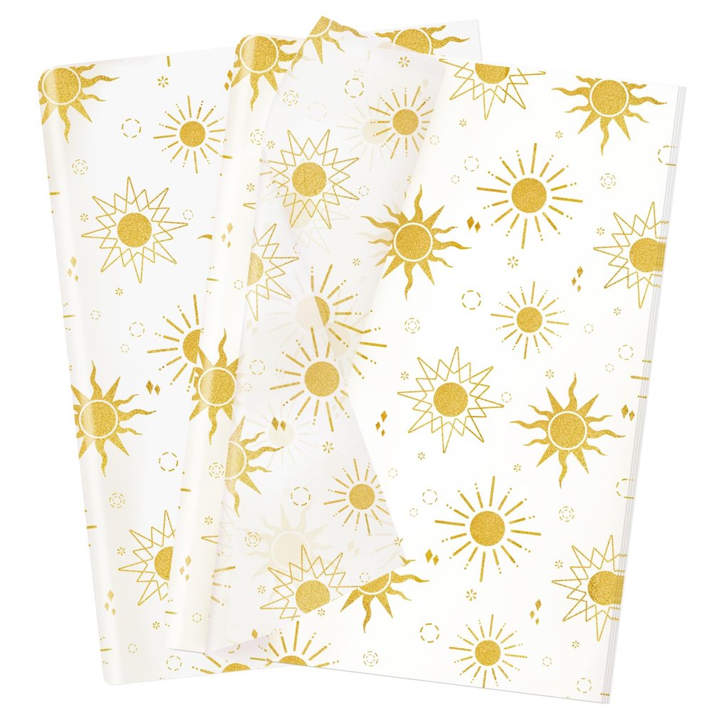 HolyMaji 50 Sheets Sunshine Tissue Paper for Packaging - 20 28" Sun Wrapping Paper Bulk - Gold Star for Gift Bags, Small Business, Here Comes The Son Baby Shower