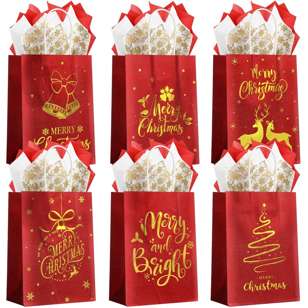 24 Pcs Christmas Gift Bags, Red Glitter Christmas Bags for Gifts with Tissue Paper, 6 Styles Red and Gold Foil Paper Goodie Bag with Handles, Bulk Xmas Holiday Reusable Party Favor Treat Bag