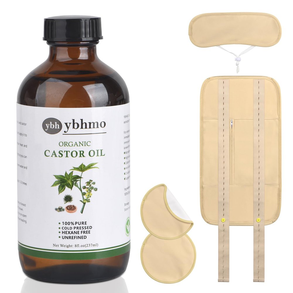 Organic Castor Oil Cold Pressed Glass Bottle((8fl.oz/237ml), Castor Oil Pack Wrap Organic Cotton Reusable for Neck, Chest & Abdomen