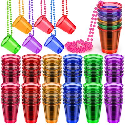 Cididu 36 Pack Shot Glass on Beaded Necklaces, Disposable Plastic Shot Cups Bachelorette, Bulk Adult Mini Shot Glasses for Drinking Party, Birthday, Wedding, Mardi Gras, St. Patrick's Day, 2 Oz