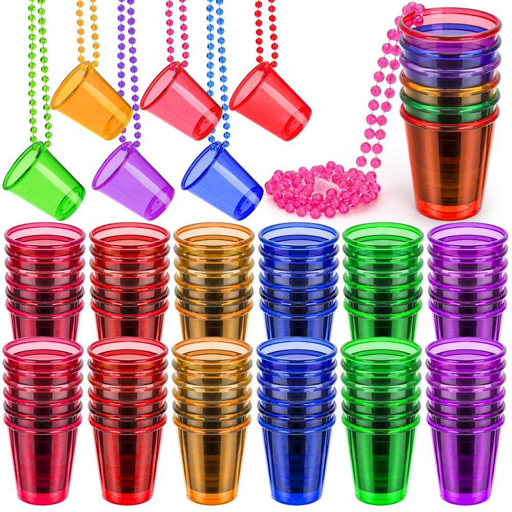 Cididu 36 Pack Shot Glass on Beaded Necklaces, Disposable Plastic Shot Cups Bachelorette, Bulk Adult Mini Shot Glasses for Drinking Party, Birthday, Wedding, Mardi Gras, St. Patrick's Day, 2 Oz