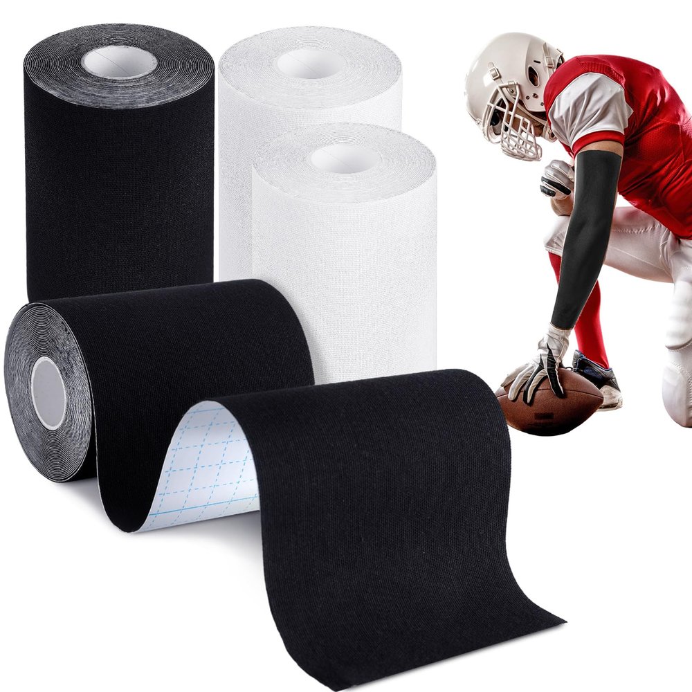 Jenaai 4 Pcs Football Turf Tape Sports Tape Extra Wide Athletic Turf Tape Waterproof Flexible for Arms Sticky Tape for Athlete and Sport Trainers Accessories, 5.5 Yards Each Roll(Black, White)
