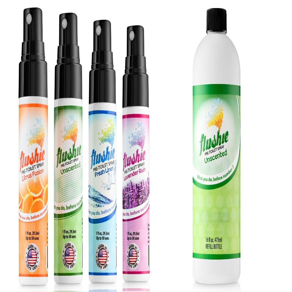 Flushie Pre-Toilet Spray Assorted Mix &16oz Unscented Refill Bundle