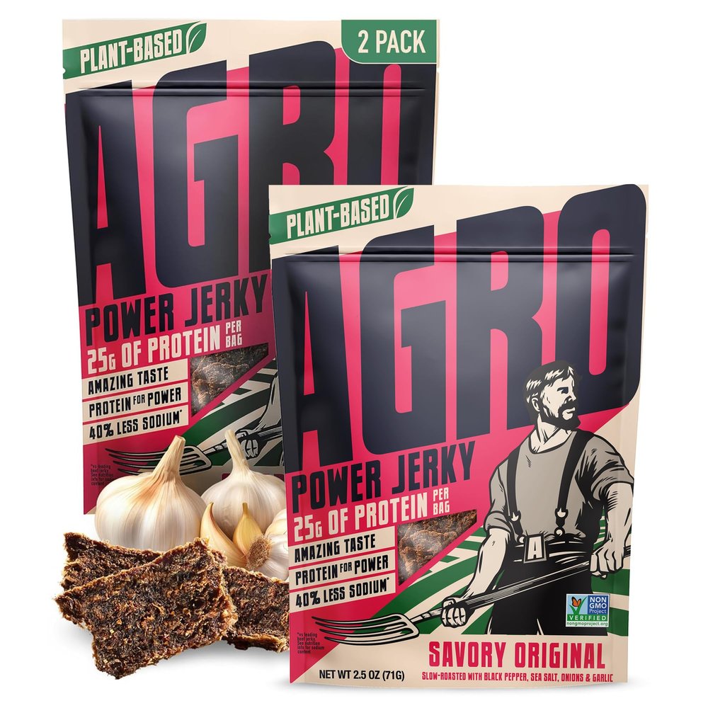 AGRO POWER Vegan Jerky - Savory Original Flavor  Delicious, Non-GMO Certified Vegetarian Jerky with 25 Grams of Plant-Based Protein and 40% Less Sodium. High Protein Vegan Snacks - 2 Pack Set