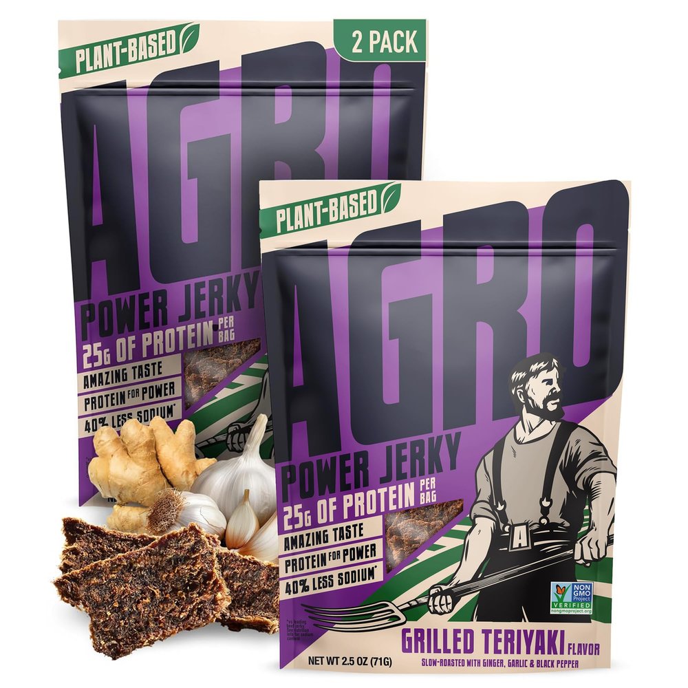 AGRO POWER Vegan Jerky - Grilled Teriyaki Flavor  Delicious, Non-GMO Certified Vegetarian Jerky with 25 Grams of Plant-Based Protein and 40% Less Sodium. High Protein Vegan Snacks - 2 Pack Set