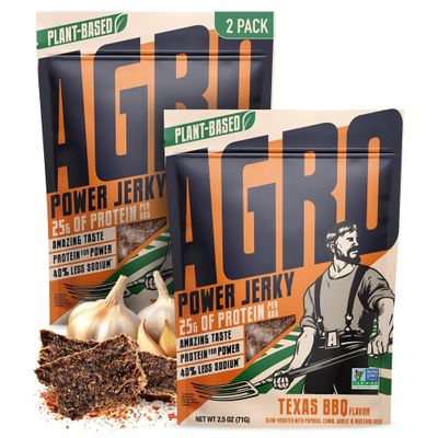 AGRO POWER Vegan Jerky - Texas BBQ Flavor  Delicious, Non-GMO Certified Vegetarian Jerky with 25 Grams of Plant-Based Protein and 40% Less Sodium. High Protein Vegan Snacks - 2 Pack Set